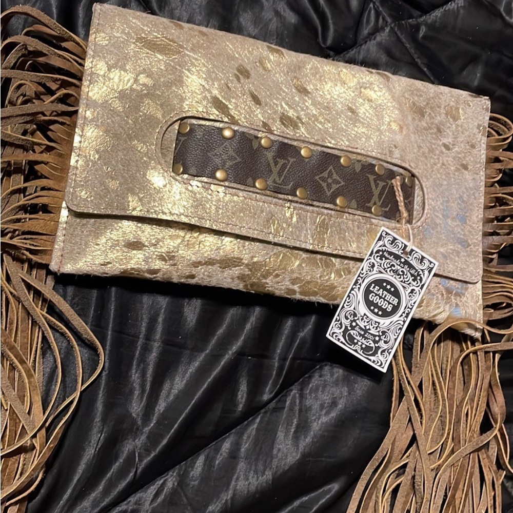 Real Louis Vuitton leather patch, fringe clutch